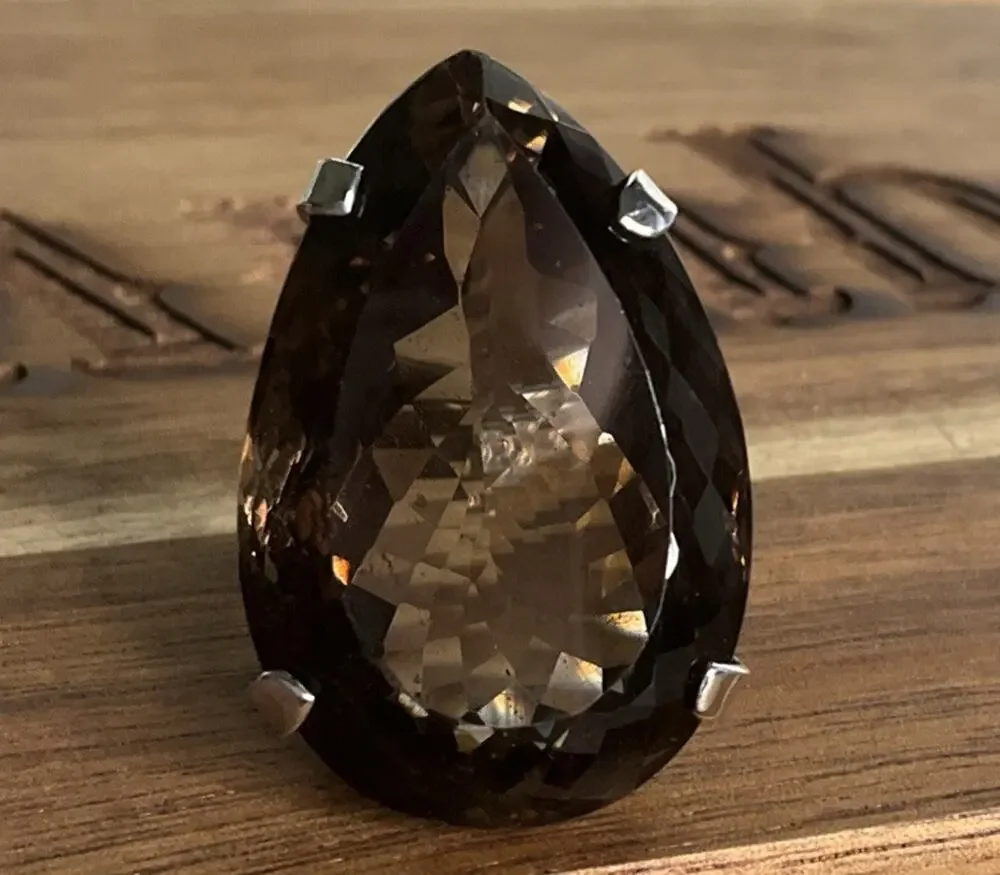 Vintage Sterling Silver Large Smoky Quartz Pear Cocktail Statement Ring 22g Sz 7